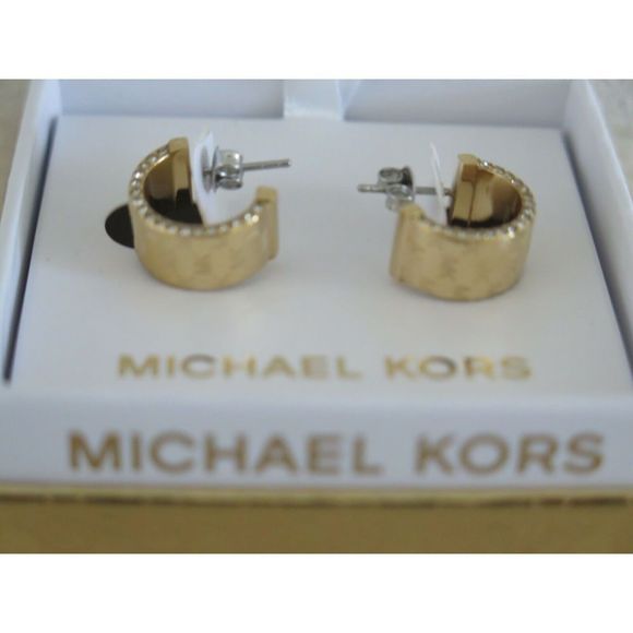 Michael Kors MKJX7845710 MK Monogram Yellow Gold Hoop Stud Earrings Crystals - Picture 1 of 10